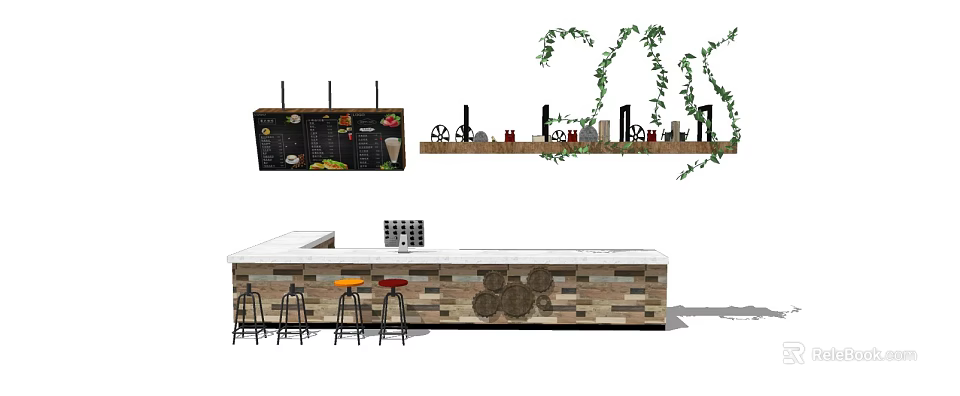 Reception Desk Interior Design With Brick Surface Stools And Decorative Vines 3d model
