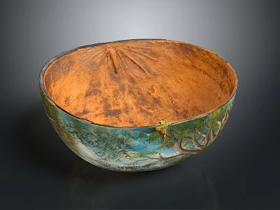Painted Decorative Bowl With Green Blue Patterns And Textured Orange Interior 3d model