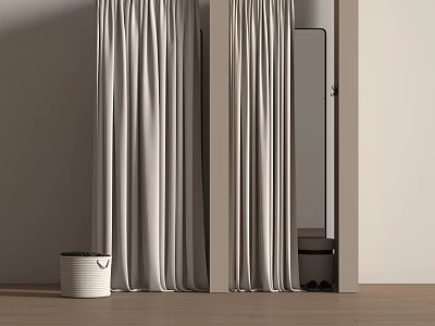 Cozy Neutral Toned Interior Scene With Beige Curtains Mirror Wooden Floor And White Storage Basket 3d model