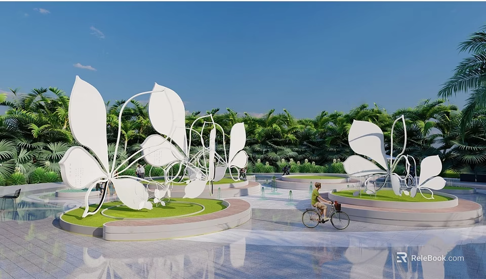Large White Butterfly Landscape Sculptures on Green Lawn With Blue Sky and Biker 3d model 