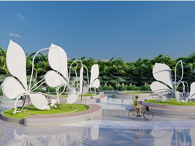 Large White Butterfly Landscape Sculptures on Green Lawn With Blue Sky and Biker 3d model