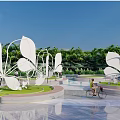 Large White Butterfly Landscape Sculptures on Green Lawn With Blue Sky and Biker