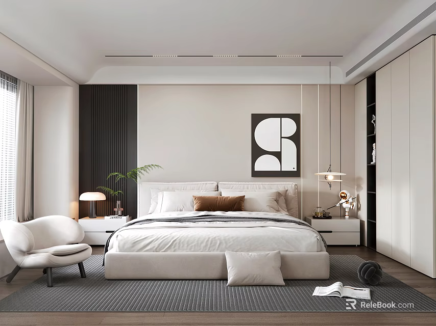 Modern Bedroom Interior Design With Bed Nightstands Artwork Pendant Lights And Accent Chair 3d model 