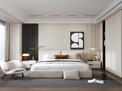 Modern Bedroom Interior Design With Bed Nightstands Artwork Pendant Lights And Accent Chair 3d model
