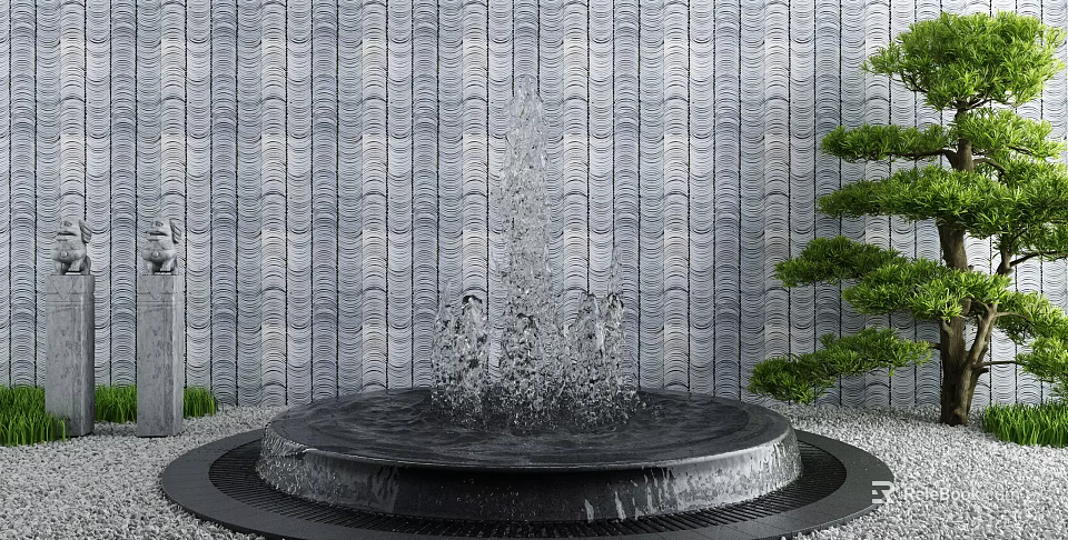 Garden Ornament Featuring Circular Fountain With Water Splashing Against Gray Striped Wall And Green Shrubs 3d model 