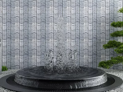 Garden Ornament Featuring Circular Fountain With Water Splashing Against Gray Striped Wall And Green Shrubs 3d model