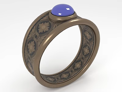 Elegant Vintage Ring With Blue Gemstone And Floral Patterned Metal Band 3d model