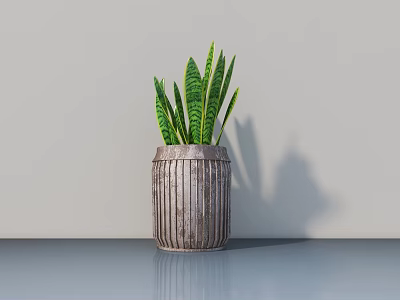 Leafy Green Bonsai Potted Plant In Striped Metal Pot On Smooth Blue Tabletop 3d model