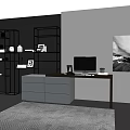 Modern Desk Setup With Black Metal Bookshelves Computer Monitor And Gray Rug
