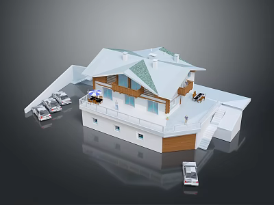 Modern House Exterior Featuring White Roof Wooden Details Terrace Stairs And Cars 3d model