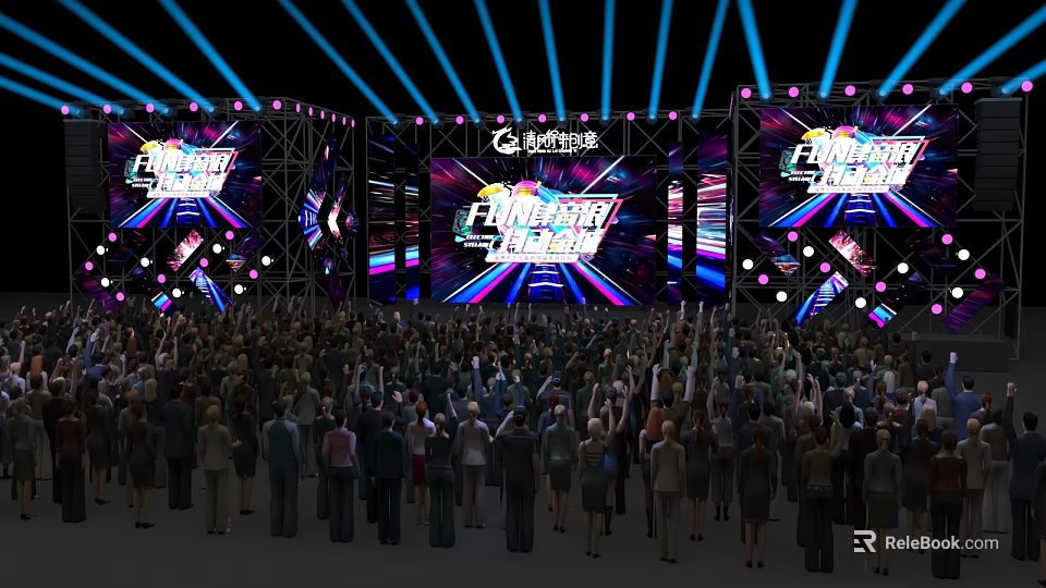 Vibrant Stage With Blue Purple Lighting Large Screens And Cheering Audience 3d model 
