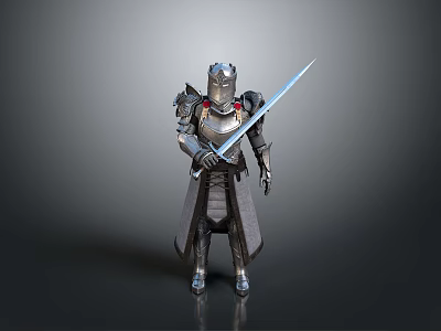 Game Fantasy Character In Metallic Medieval Armor Holding Long Sword Standing Pose 3d model