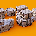 Multiple Gray Stacked Containers With Stripes And Structural Details On Orange Background 3d model