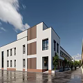 School Building With White Red Brick Walls Multiple Windows Front Square People And Cloudy Sky