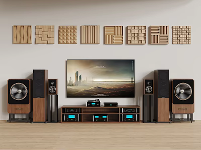 Modern Home Audio System With Floor Speakers Large TV And Wooden Wall Panels 3d model
