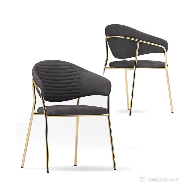 Modern Single Accent Chair With Curved Armrest Dark Gray Upholstery And Gold Metal Legs 3d model 