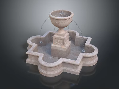 Elegant Stone Garden Fountain Ornament with Circular Basin Square Pedestal and Water Spouts 3d model