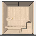 Wooden Shower Sauna Interior With Wooden Benches Storage Box And Small Cups