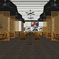 Traditional Restaurant Interior With Wooden Lattice Green Ceiling Ceiling Fans And Dining Table