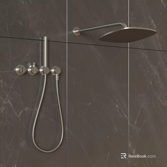 Modern Shower System With Rain Head Handheld Spray And Control Knobs On Dark Marble Tiles 3d model