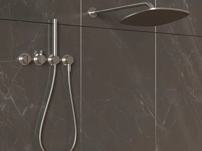 Modern Shower System With Rain Head Handheld Spray And Control Knobs On Dark Marble Tiles 3d model