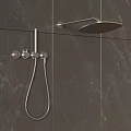 Modern Shower System With Rain Head Handheld Spray And Control Knobs On Dark Marble Tiles 3d model