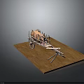 Traditional Roast Pig Cart Displayed On Wooden Platform With Roasted Pig Wheels And Metal Stand