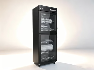Black Vertical Glass Door Kitchen Appliance With Dishware And Cup Storage 3d model