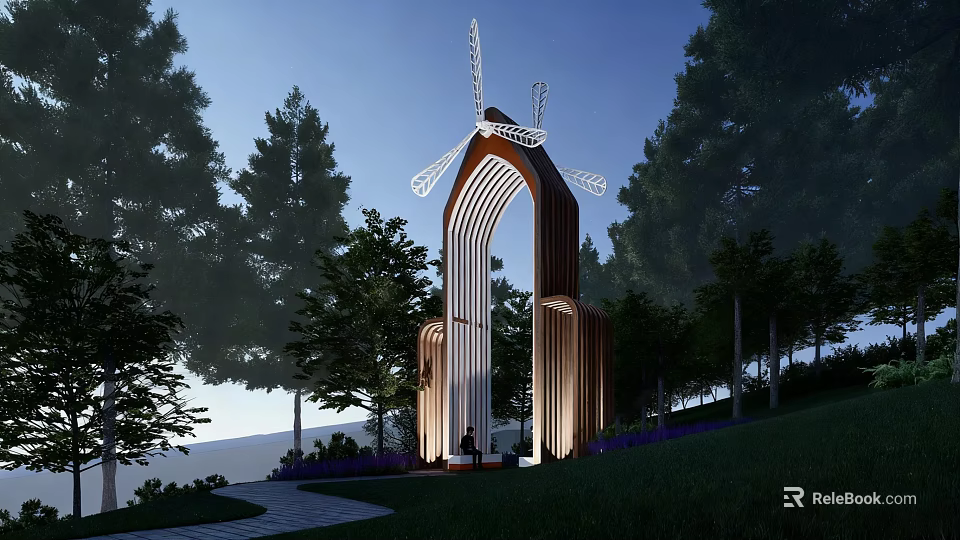 Garden Landscape With Modern Arch Structure Windmill Decoration Surrounded By Trees Grassland And Purple Flowers 3d model 
