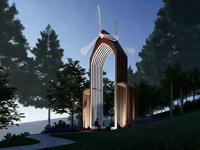 Garden Landscape With Modern Arch Structure Windmill Decoration Surrounded By Trees Grassland And Purple Flowers 3d model