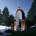 Garden Landscape With Modern Arch Structure Windmill Decoration Surrounded By Trees Grassland And Purple Flowers