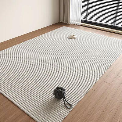 Gray Striped Square Area Rug on Wooden Floor with Small White Object and Black Rope Toy 3d model
