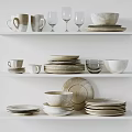 Modern Minimalist Ceramic Dinnerware Set With White Plates Bowls Mugs And Wine Glasses On Shelf