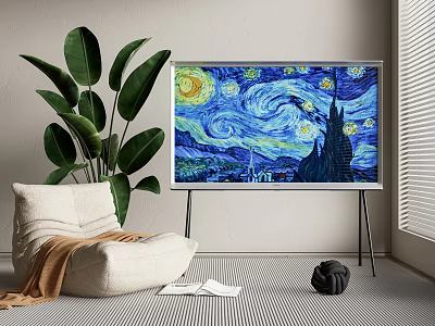 TV Displaying Starry Night Painting With Large Green Plant And Bean Bag Chair 3d model