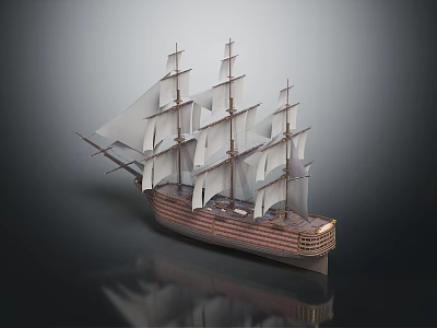 Detailed Sailing Ship Model With Multiple Masts White Sails Wooden Hull And Reflection 3d model