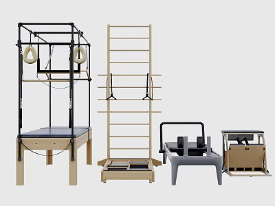 Fitness Studio Pilates Equipment With Sturdy Wooden Cadillac Ladder Barrel And Wunda Chair 3d model