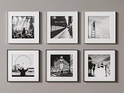 Six Black And White Framed Photos Showing Various Urban And Life Scenes On Wall 3d model