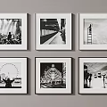 Six Black And White Framed Photos Showing Various Urban And Life Scenes On Wall
