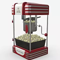 Vintage Red Popcorn Machine Amusement Equipment Filled With Popcorn And Silver Stripes
