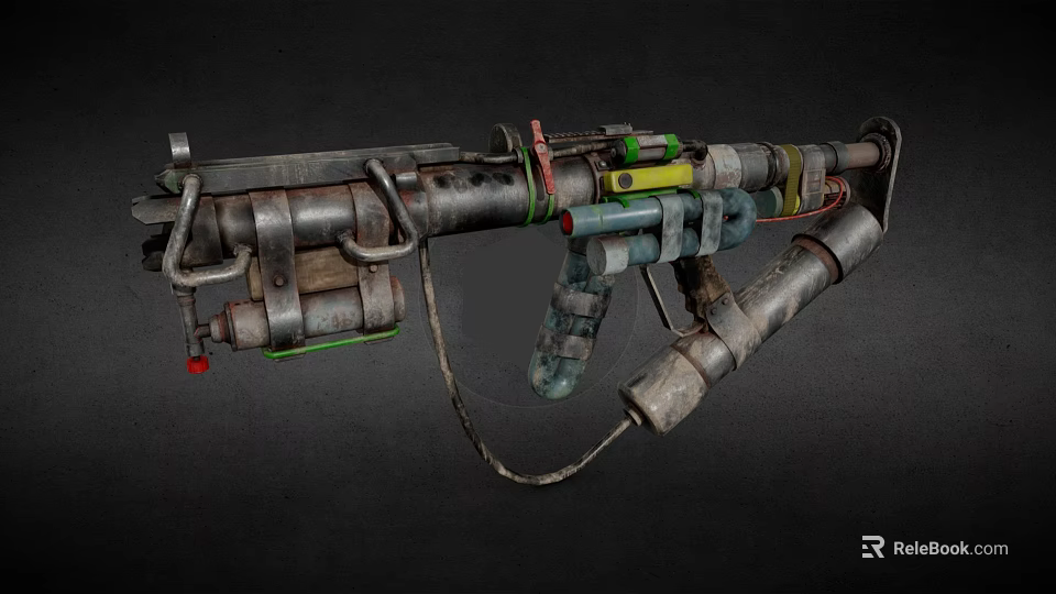 Futuristic Industrial Weapon Featuring Metal Pipes Cables and Colorful Components with Detailed Mechanical Design 3d model 