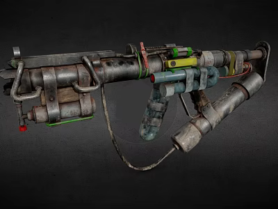 Futuristic Industrial Weapon Featuring Metal Pipes Cables and Colorful Components with Detailed Mechanical Design 3d model