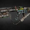 Futuristic Industrial Weapon Featuring Metal Pipes Cables and Colorful Components with Detailed Mechanical Design