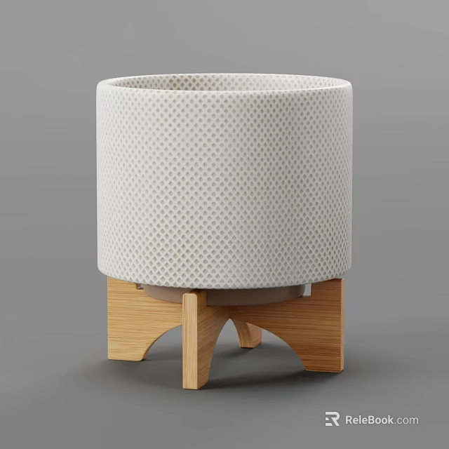 White Dotted Pattern Bonsai Pot With Wooden Three Leg Stand 3d model 