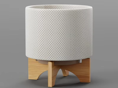 White Dotted Pattern Bonsai Pot With Wooden Three Leg Stand 3d model