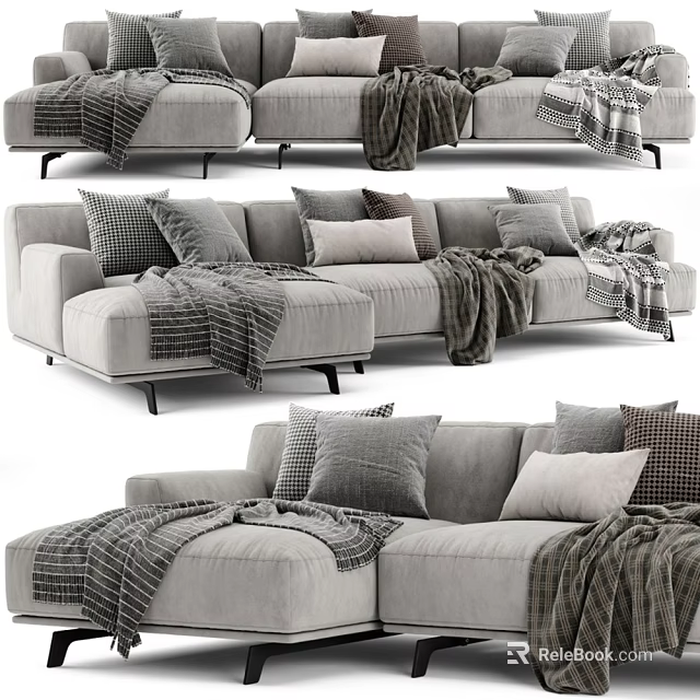 Modern Light Gray Sectional Sofa With Plush Pillows And Cozy Blankets 3d model