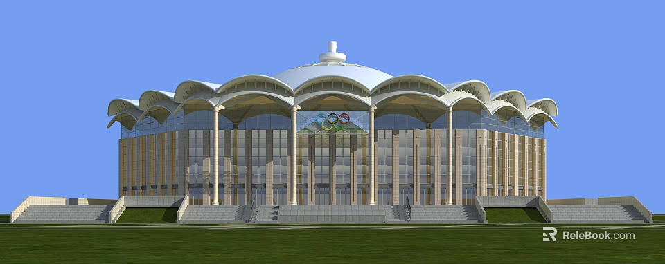Domed Olympic Sports Arena With Arched Glass Facade And Olympic Rings 3d model 