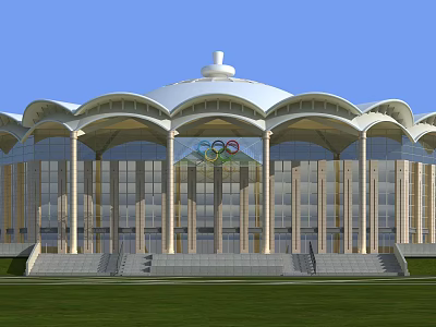 Domed Olympic Sports Arena With Arched Glass Facade And Olympic Rings 3d model