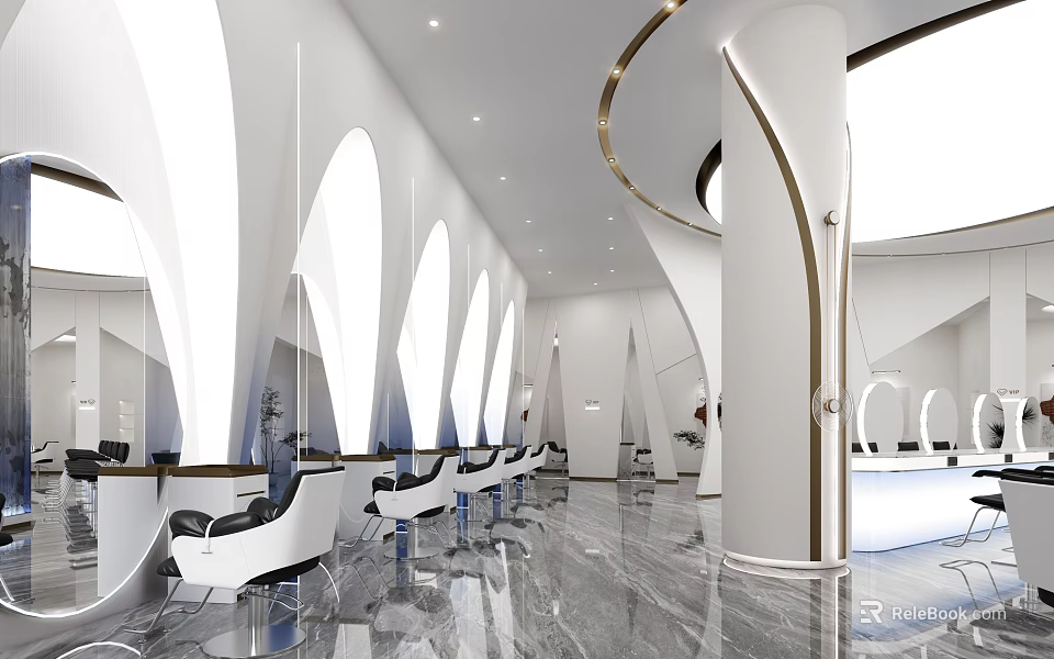 Modern Hair Salon Interior Design With White Curved Walls Marble Floors And Styling Chairs 3d model 