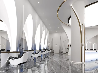 Modern Hair Salon Interior Design With White Curved Walls Marble Floors And Styling Chairs 3d model