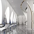 Modern Hair Salon Interior Design With White Curved Walls Marble Floors And Styling Chairs
